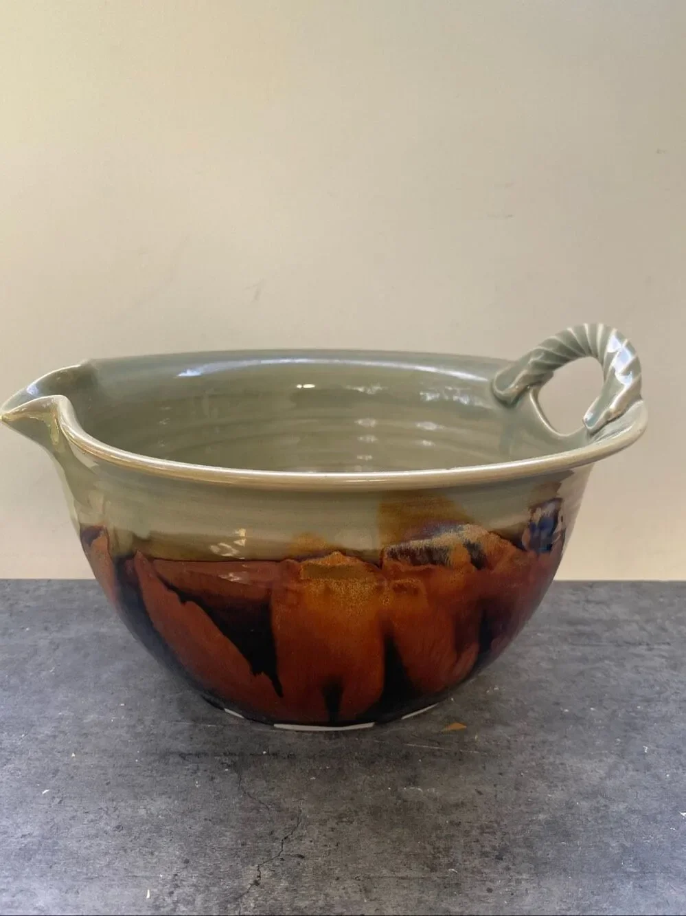 Clouds Folsom Studio Art Pottery Bowl Drip Glaze Sage Brown Rustic Cottage